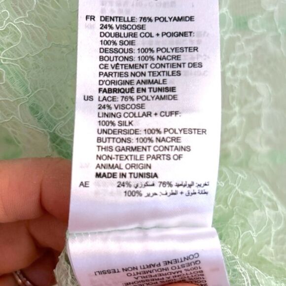 Sandro Mint Green Izzie Sheer Lace Long Sleeve Tie-Neck Blouse, Size 1 Small - Picture 13 of 15